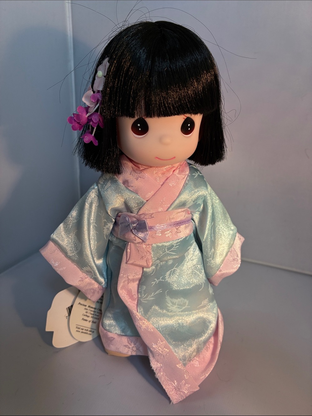 Precious Moments Doll in Light Blue and Pink Kimono with Black Hair